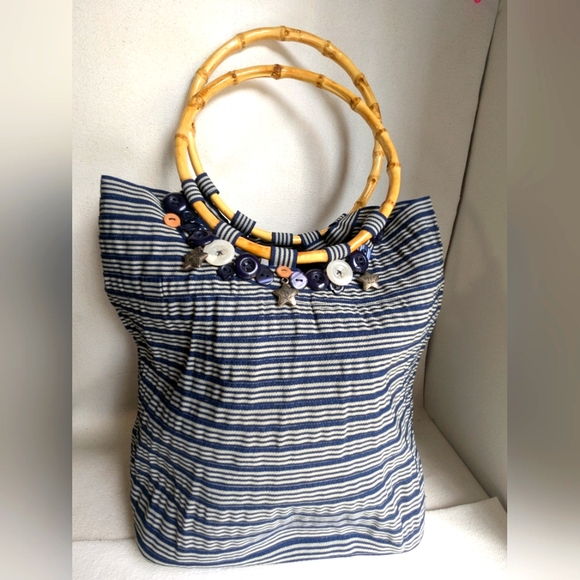 Old Country Road Handbag Bamboo Clutch Polyester Navy Blue Grey Stripes L-2 - Picture 13 of 13
